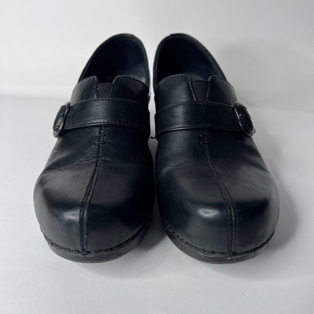 Dansko Clogs Heel Black Leather Shows Comfort Slip On w/ Buckle Women's 38 7.5-8 - Picture 2 of 10